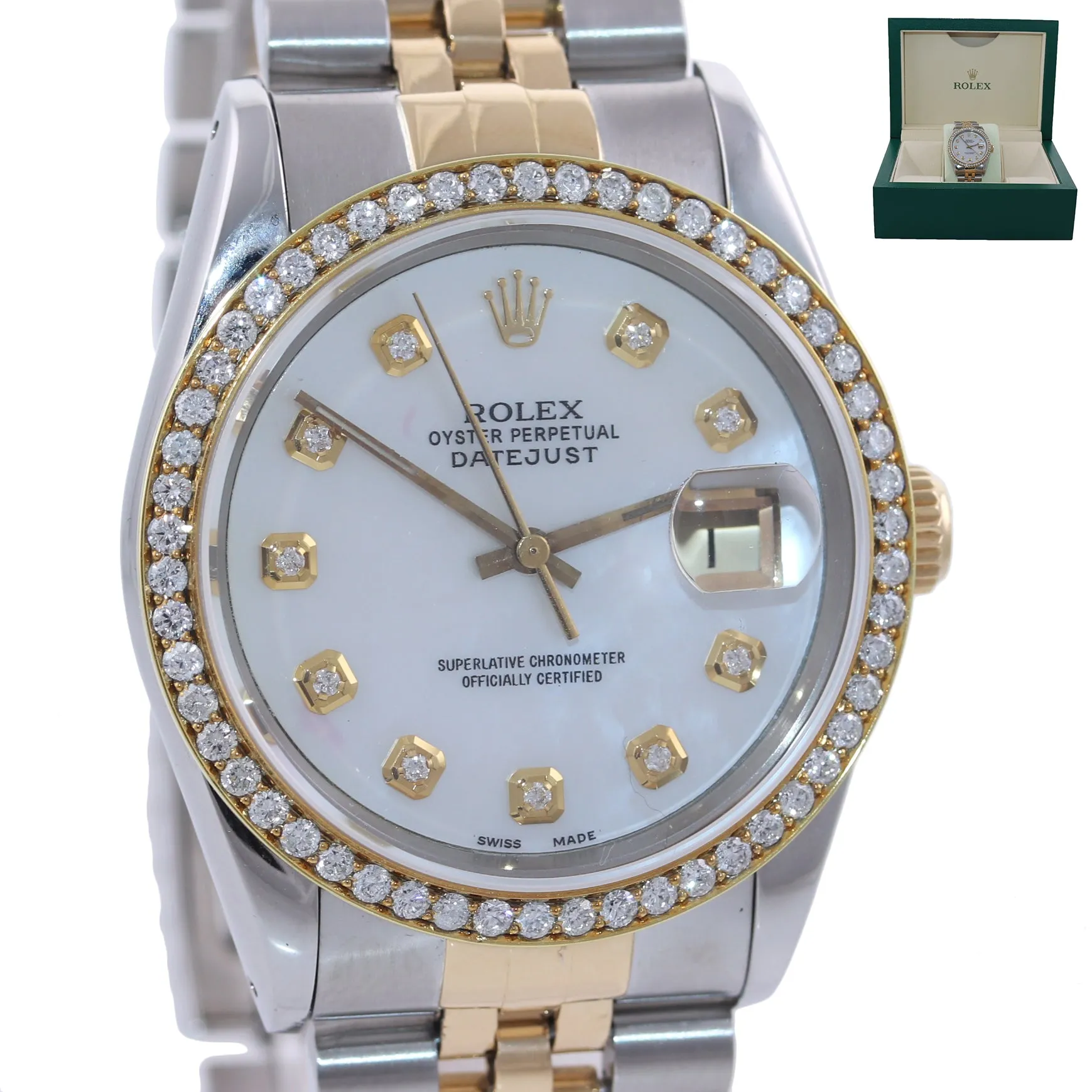 Rolex DateJust 36mm 16233 Two Tone 18k Gold Steel Jubilee MOP Diamond Watch Box