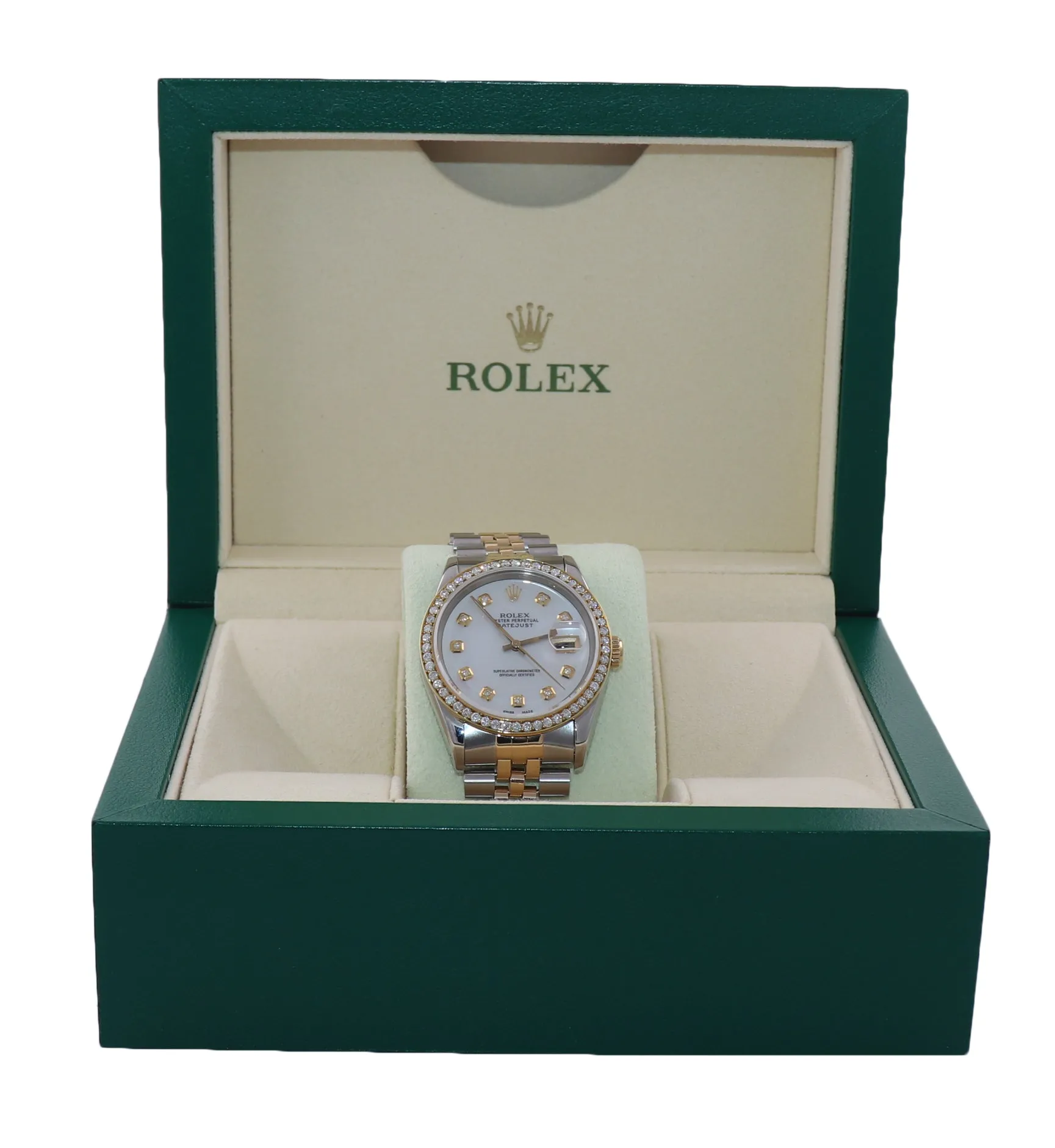 Rolex DateJust 36mm 16233 Two Tone 18k Gold Steel Jubilee MOP Diamond Watch Box