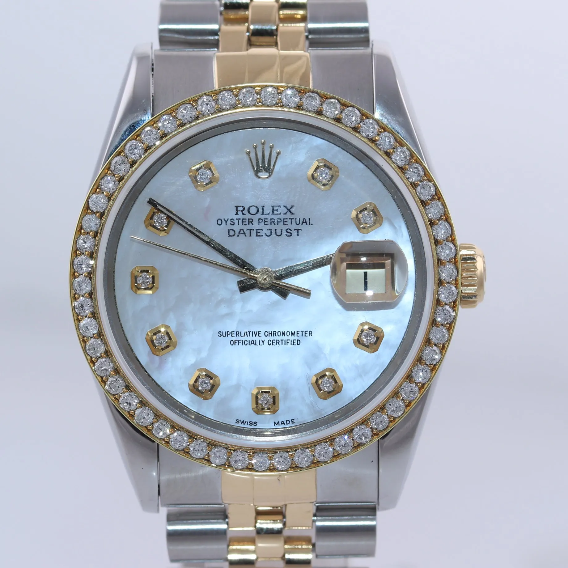 Rolex DateJust 36mm 16233 Two Tone 18k Gold Steel Jubilee MOP Diamond Watch Box