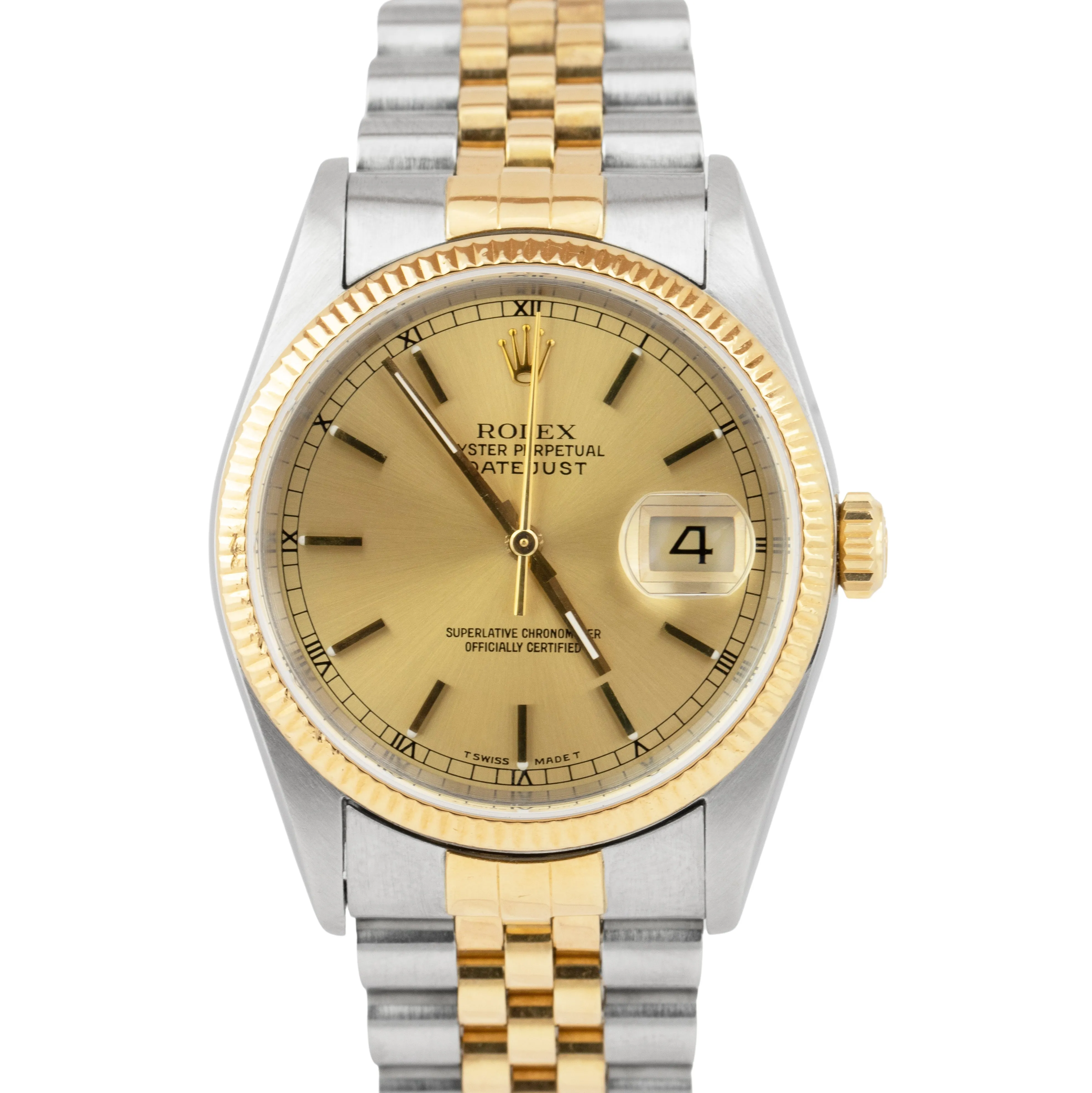 Rolex DateJust 36mm Champagne NO-HOLES 18K Gold Stainless Steel Watch 16233