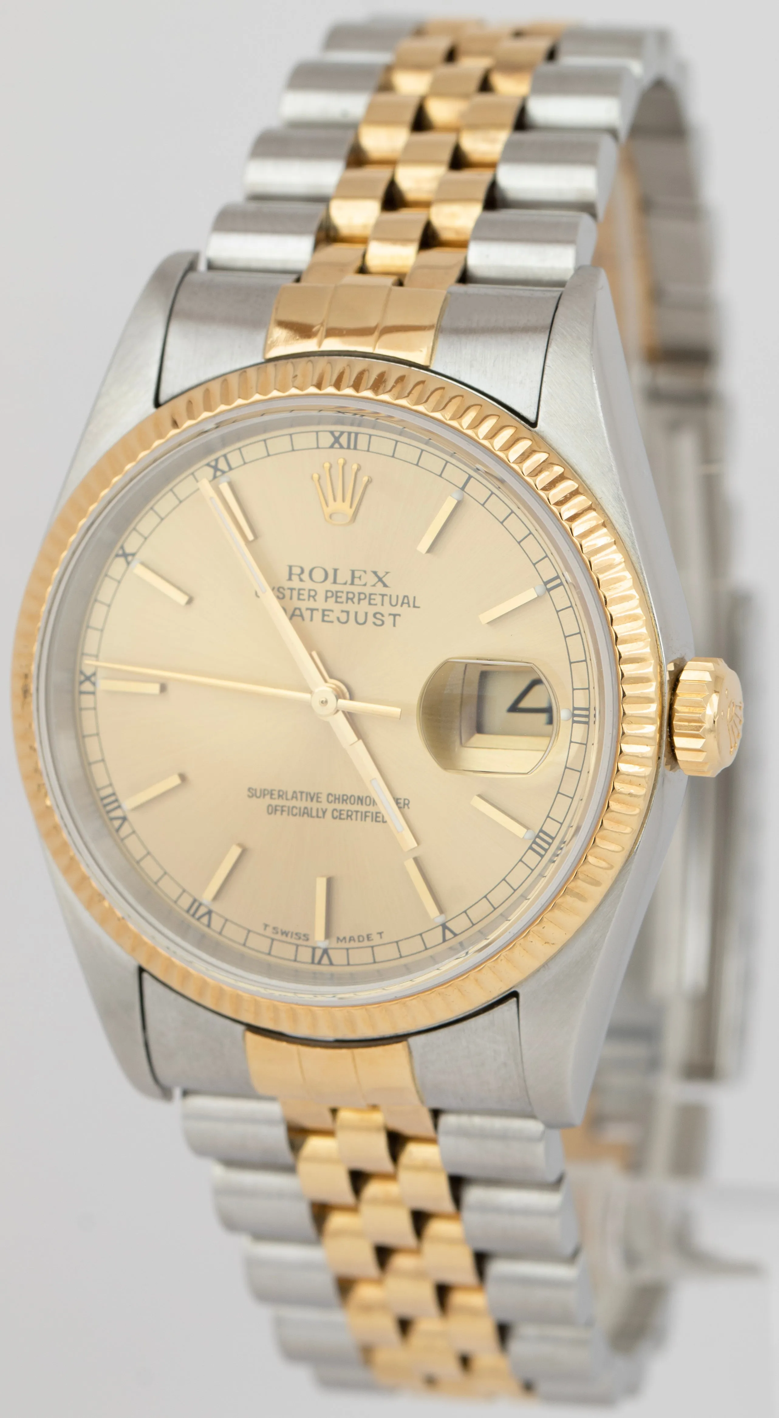 Rolex DateJust 36mm Champagne NO-HOLES 18K Gold Stainless Steel Watch 16233