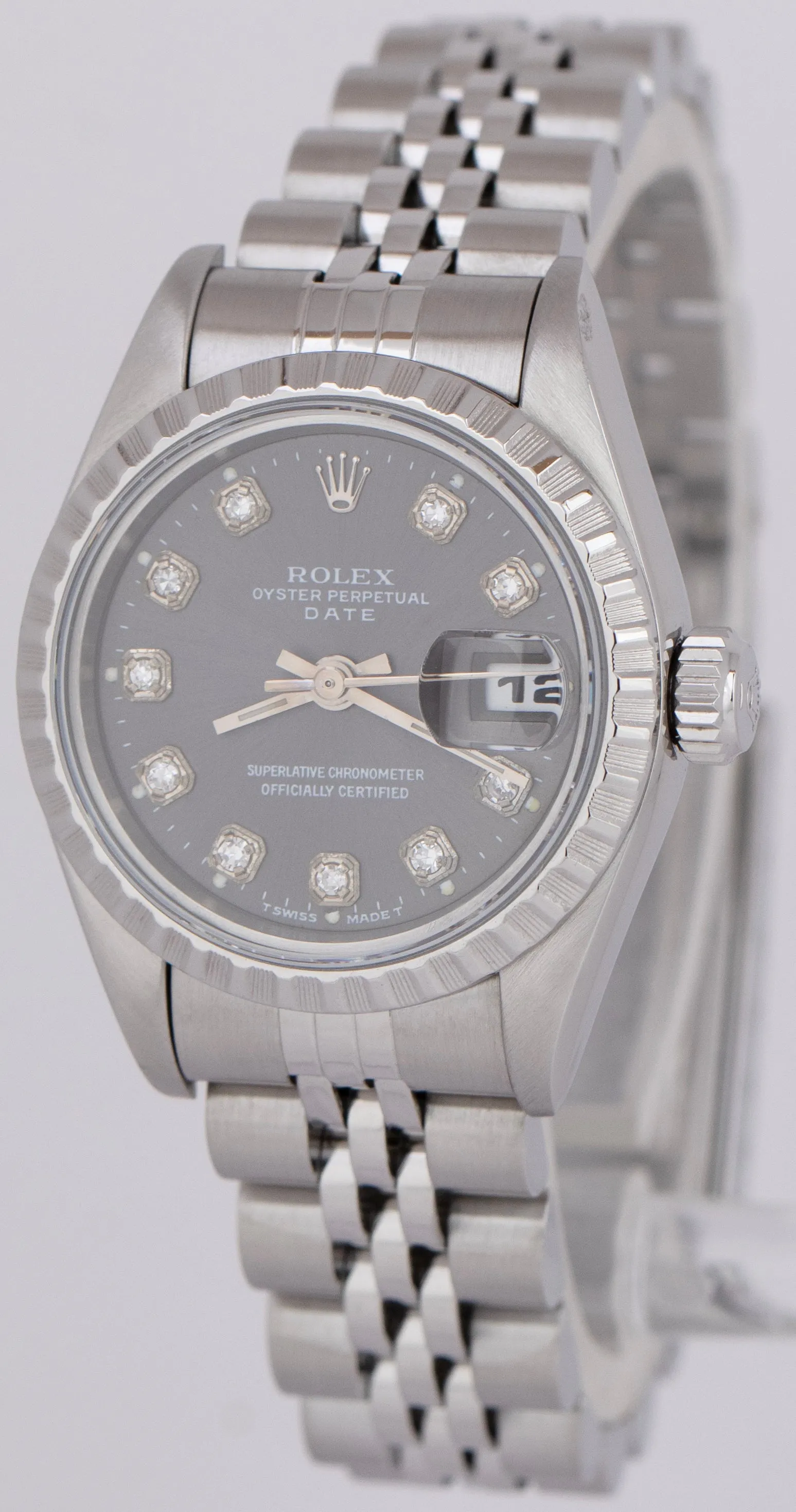 Rolex Oyster Perpetual Date 26mm Gray Diamond Steel Engine-Turned Watch 69240
