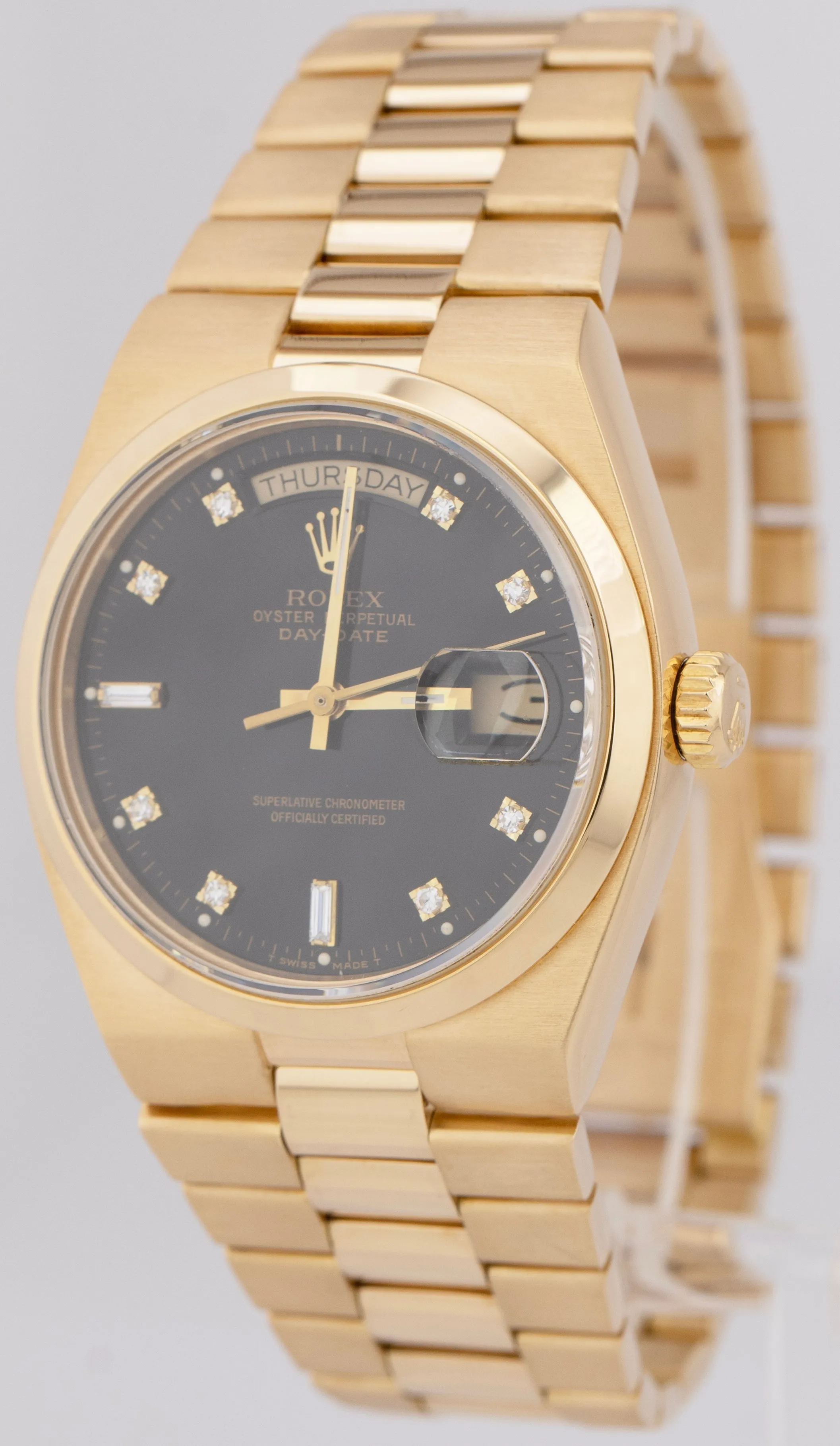 Rolex OysterQuartz Day-Date President Black Diamond 18K Gold 36mm Watch 19018