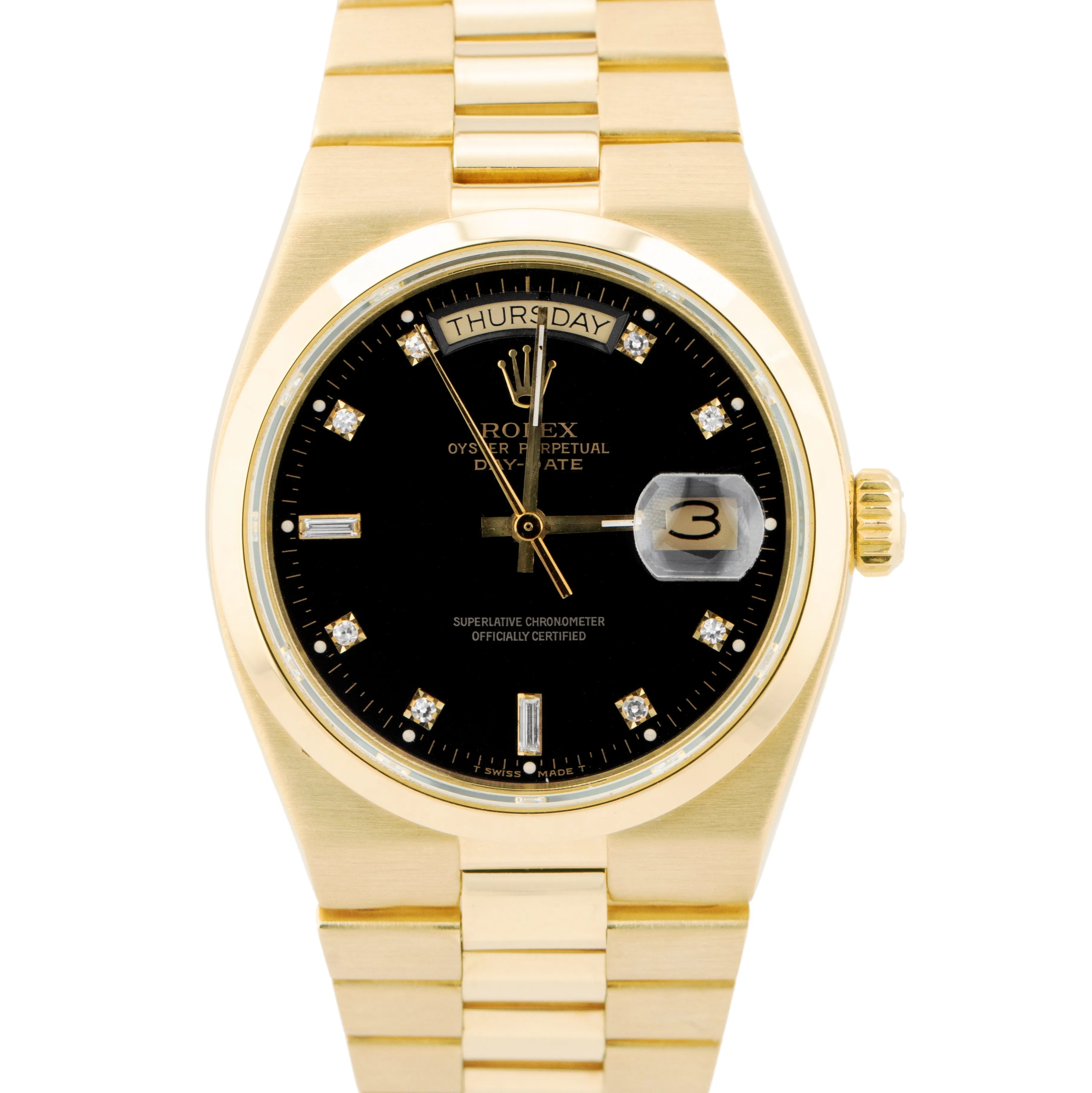 Rolex OysterQuartz Day-Date President Black Diamond 18K Gold 36mm Watch 19018