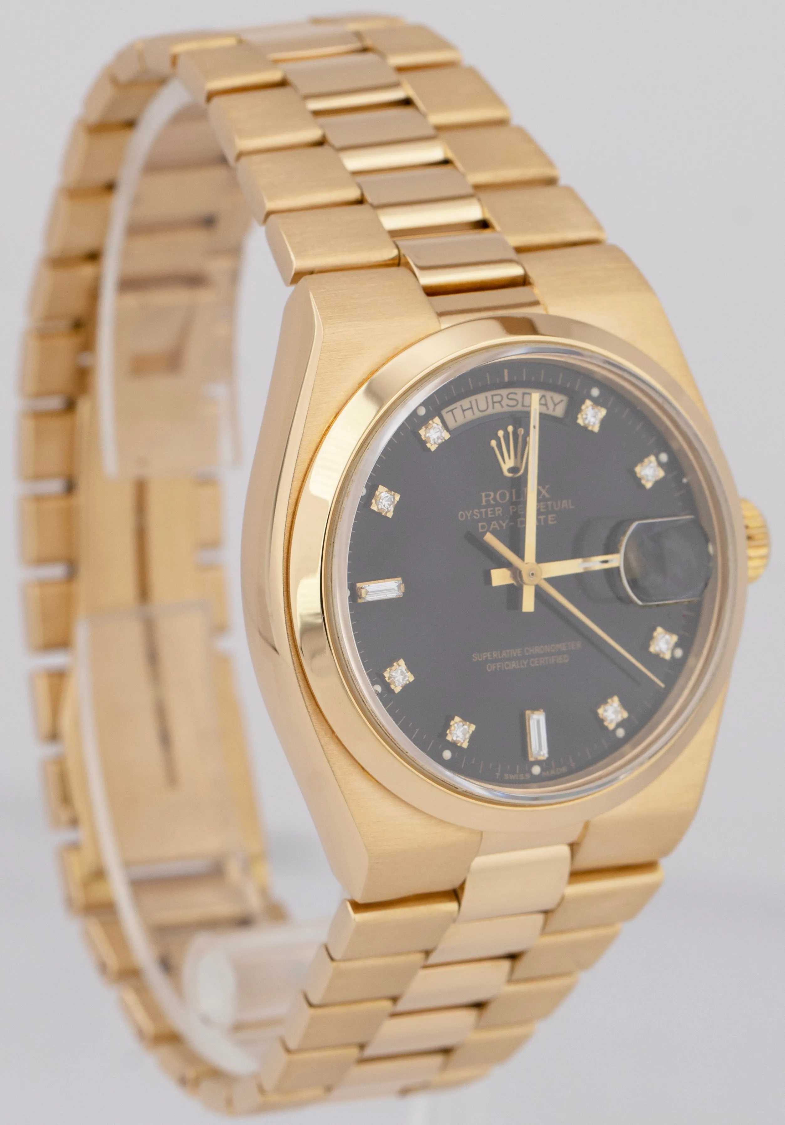 Rolex OysterQuartz Day-Date President Black Diamond 18K Gold 36mm Watch 19018