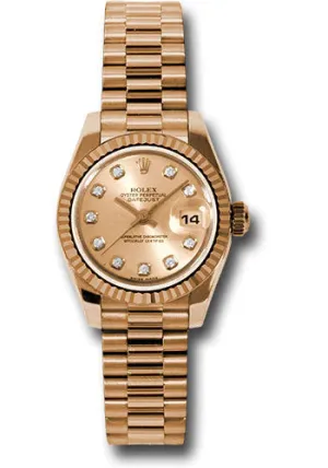 Rolex Pink Gold Lady-Datejust 26mm - Fluted Bezel - Pink Champagne Diamond Dial - President Bracelet - 179175 chdp