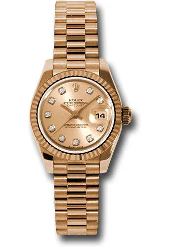 Rolex Pink Gold Lady-Datejust 26mm - Fluted Bezel - Pink Champagne Diamond Dial - President Bracelet - 179175 chdp