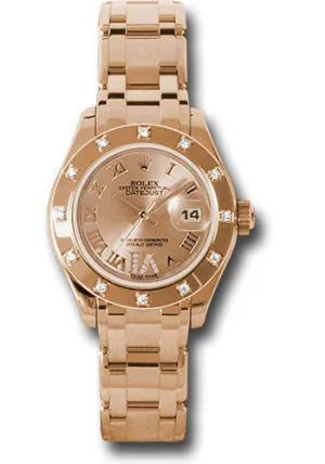 Rolex Pink Gold Lady-Datejust Pearlmaster 29 Watch - 12 Diamond Bezel - Pink Champagne Diamond Roman Vi Roman Dial - 80315 chrd