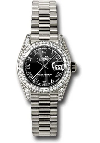 Rolex White Gold Lady-Datejust 26mm - 42 Diamond Bezel - Black Roman Dial - President Bracelet - 179159 bkrp