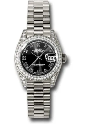 Rolex White Gold Lady-Datejust 26mm - 42 Diamond Bezel - Black Roman Dial - President Bracelet - 179159 bkrp