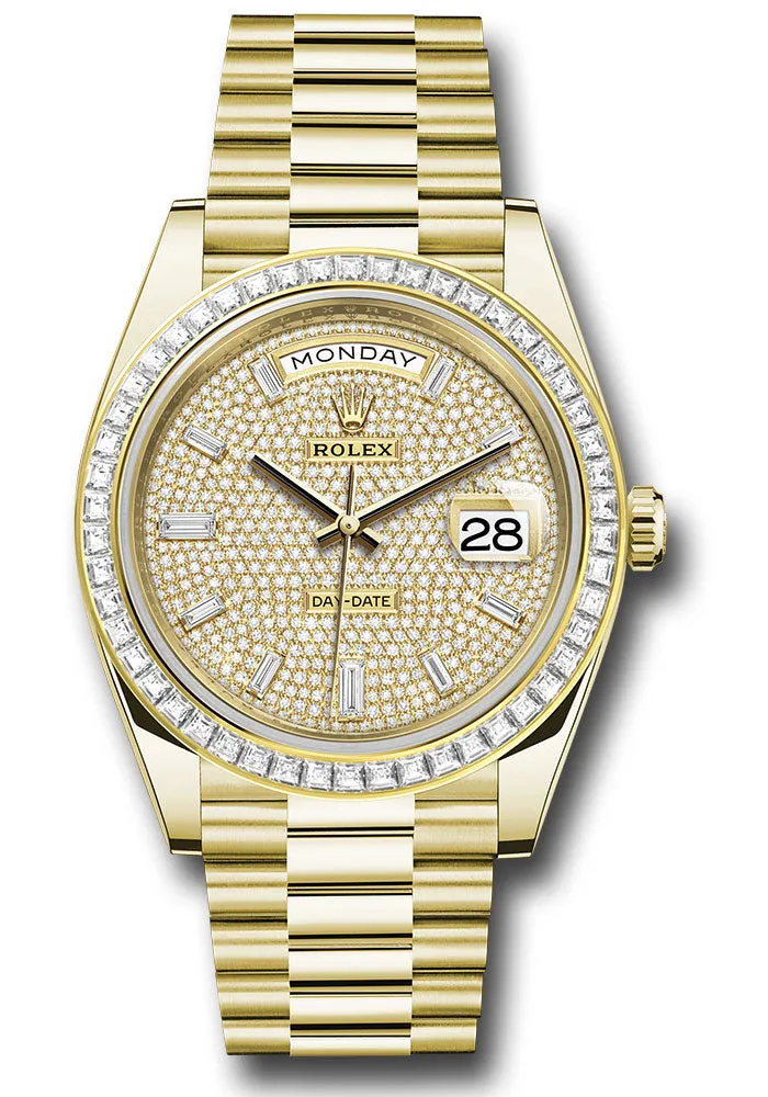 Rolex Yellow Gold Day-Date 40 Watch - Baguette Diamond Bezel - Diamond-Paved Dial - President Bracelet - 228398tbr dpbdp