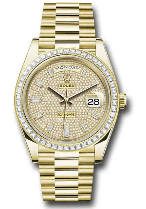 Rolex Yellow Gold Day-Date 40 Watch - Baguette Diamond Bezel - Diamond-Paved Dial - President Bracelet - 228398tbr dpbdp