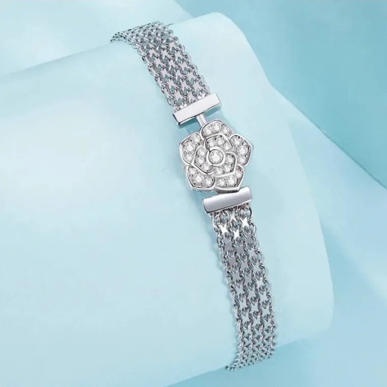 Rose Flower Flat Bracelet with Diamond