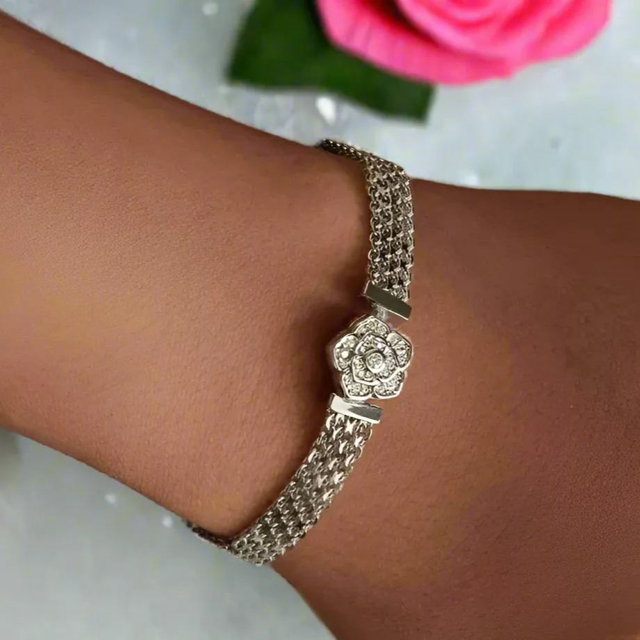 Rose Flower Flat Bracelet with Diamond