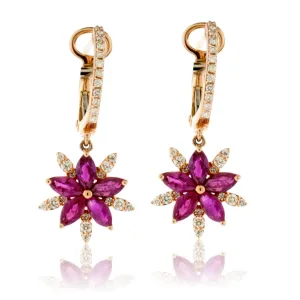 Rose Gold Ruby and Diamond Snowflake or Flower Style Earrings
