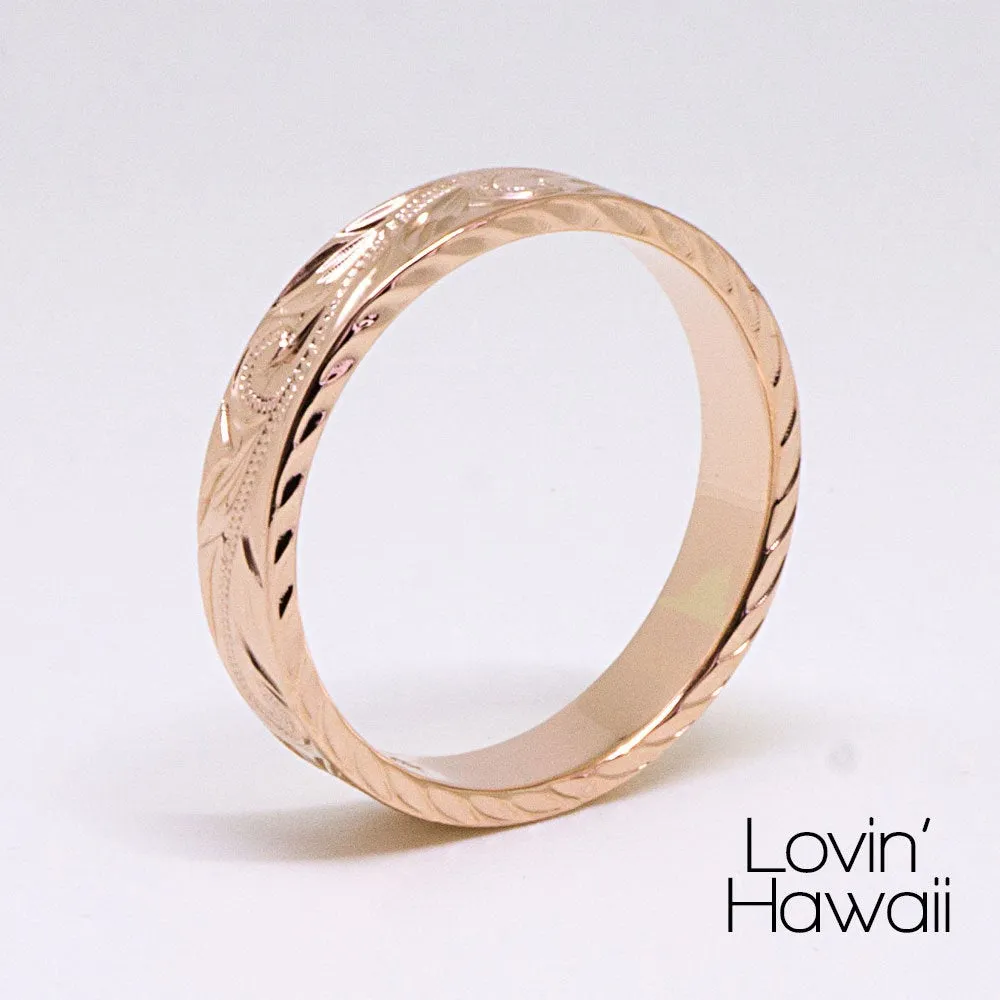 Rose Gold Wedding Rings In Hawaii, Hand Engraved Design (4mm Width, Flat Style)