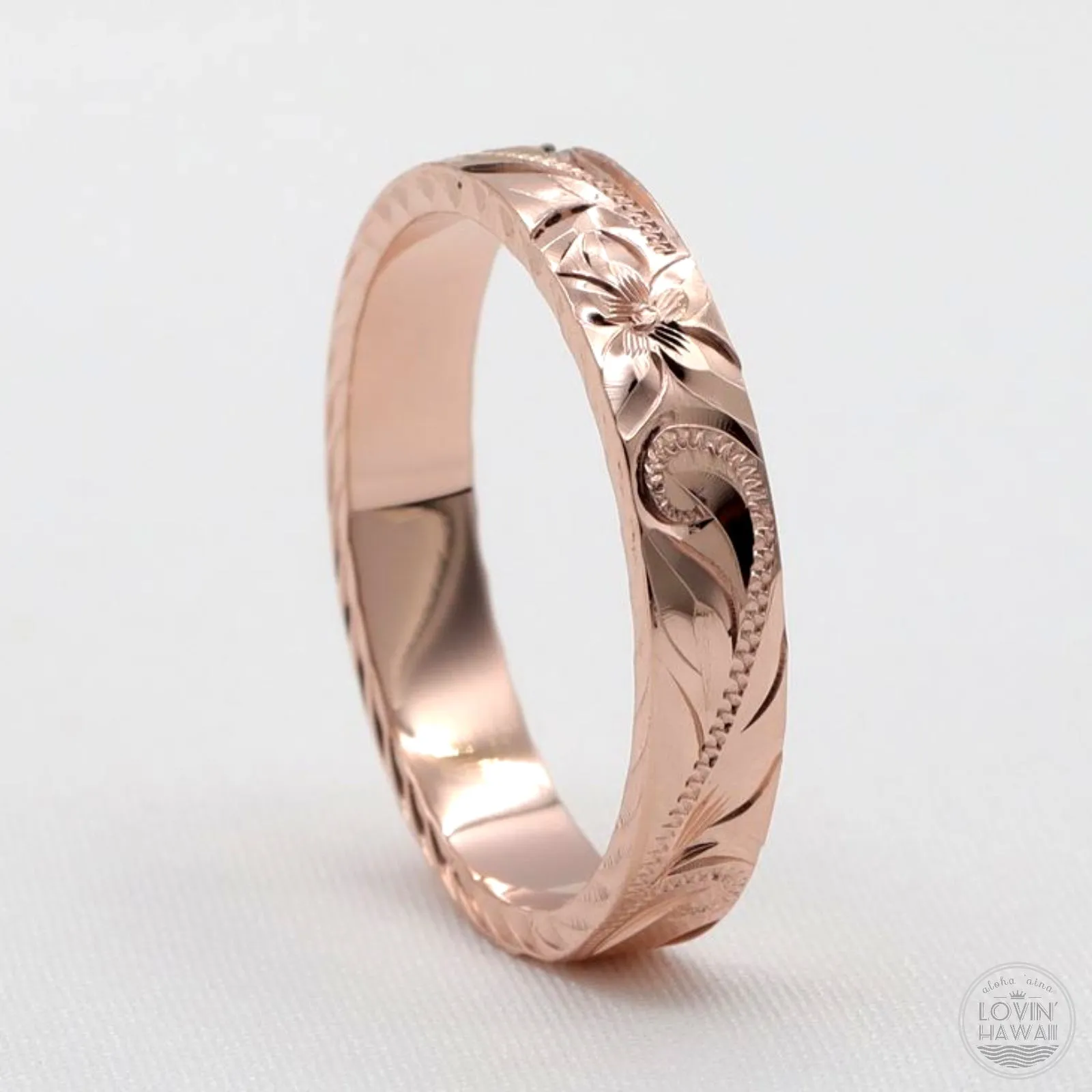 Rose Gold Wedding Rings In Hawaii, Hand Engraved Design (4mm Width, Flat Style)