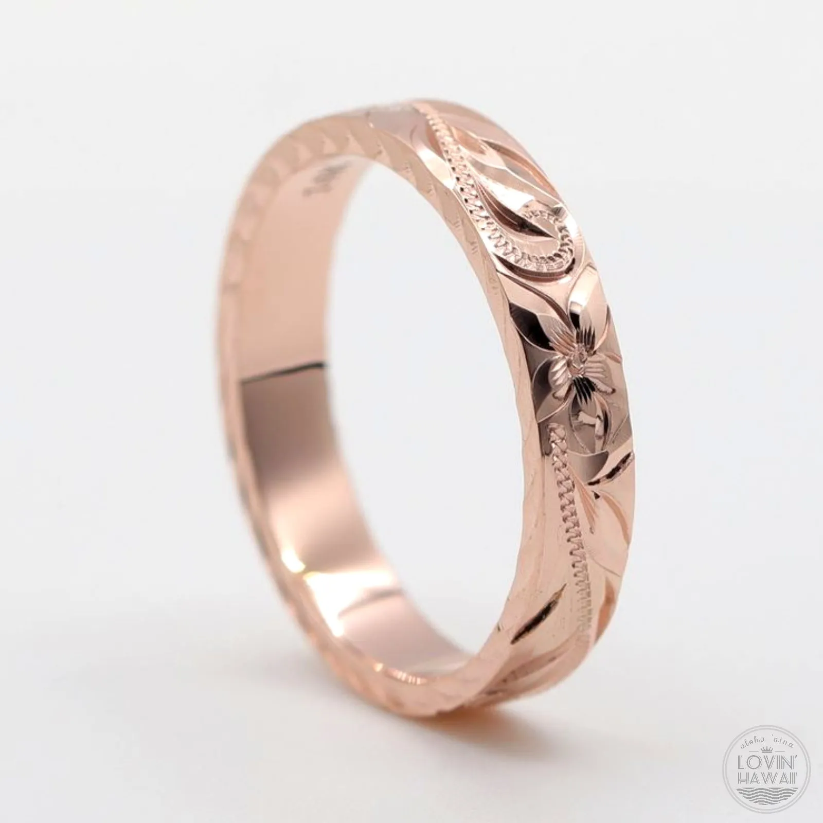 Rose Gold Wedding Rings In Hawaii, Hand Engraved Design (4mm Width, Flat Style)