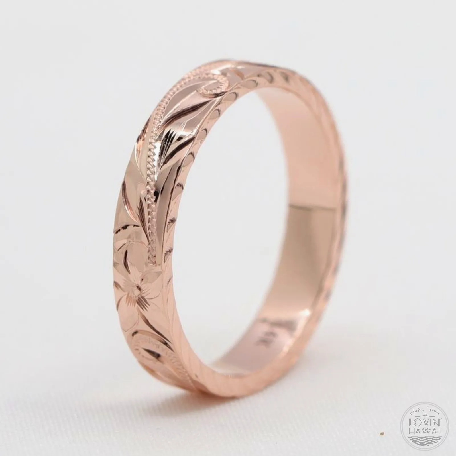 Rose Gold Wedding Rings In Hawaii, Hand Engraved Design (4mm Width, Flat Style)