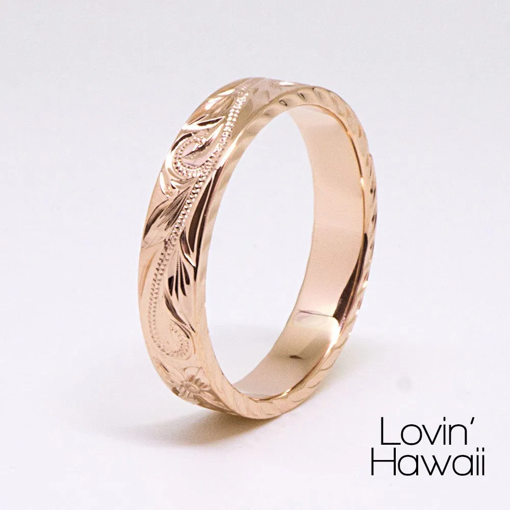 Rose Gold Wedding Rings In Hawaii, Hand Engraved Design (4mm Width, Flat Style)