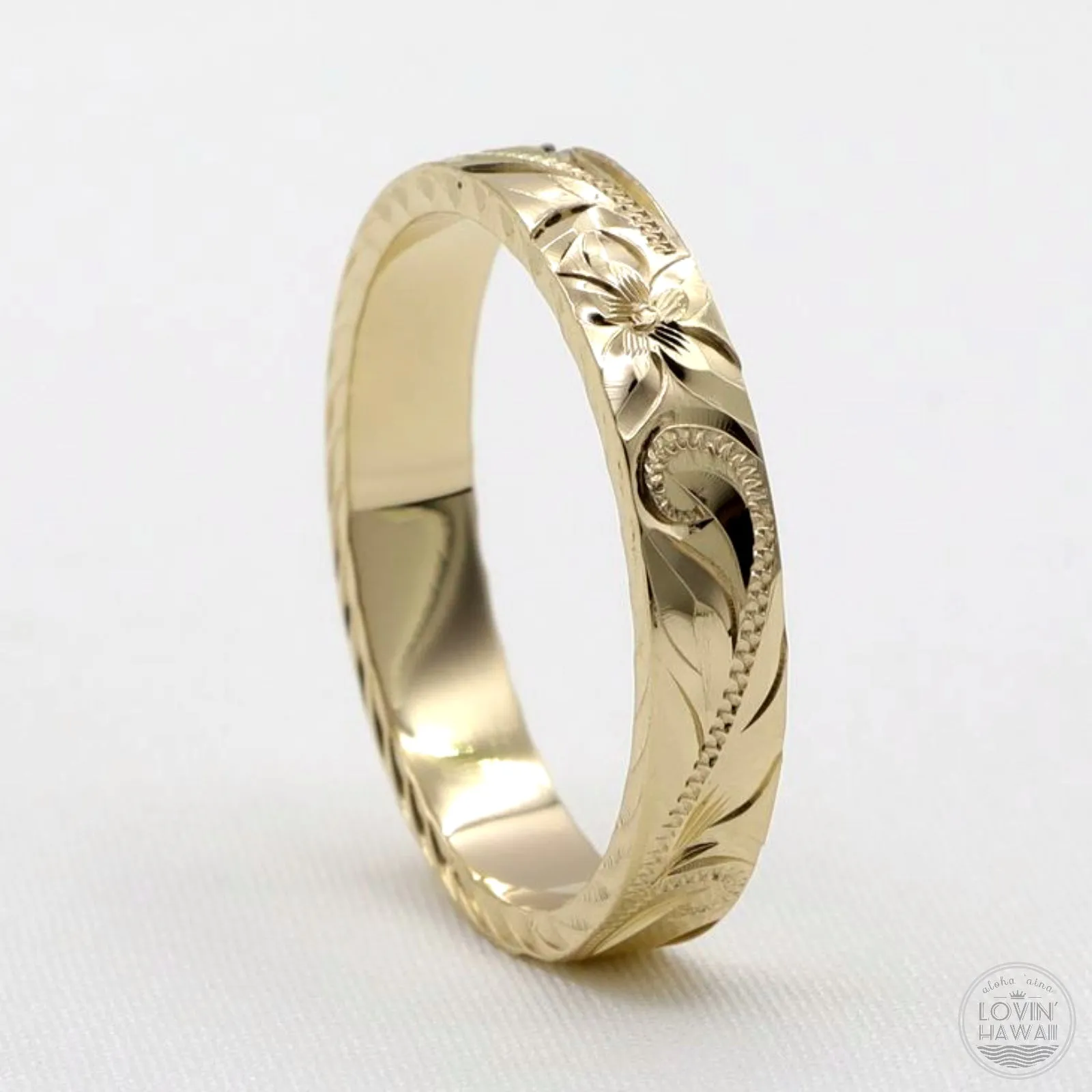 Rose Gold Wedding Rings In Hawaii, Hand Engraved Design (4mm Width, Flat Style)