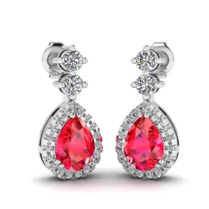 Ruby 1.30 Carat Pear Shape Halo Lab Grown Diamond Drop Earrings E1PSR