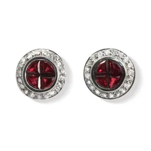 Ruby &  Round Diamond  Halo Design Stud Earrings In 18k White Gold