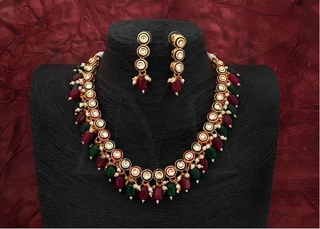 Ruby Green Kundan Necklace & Earring Set With Minakari Work