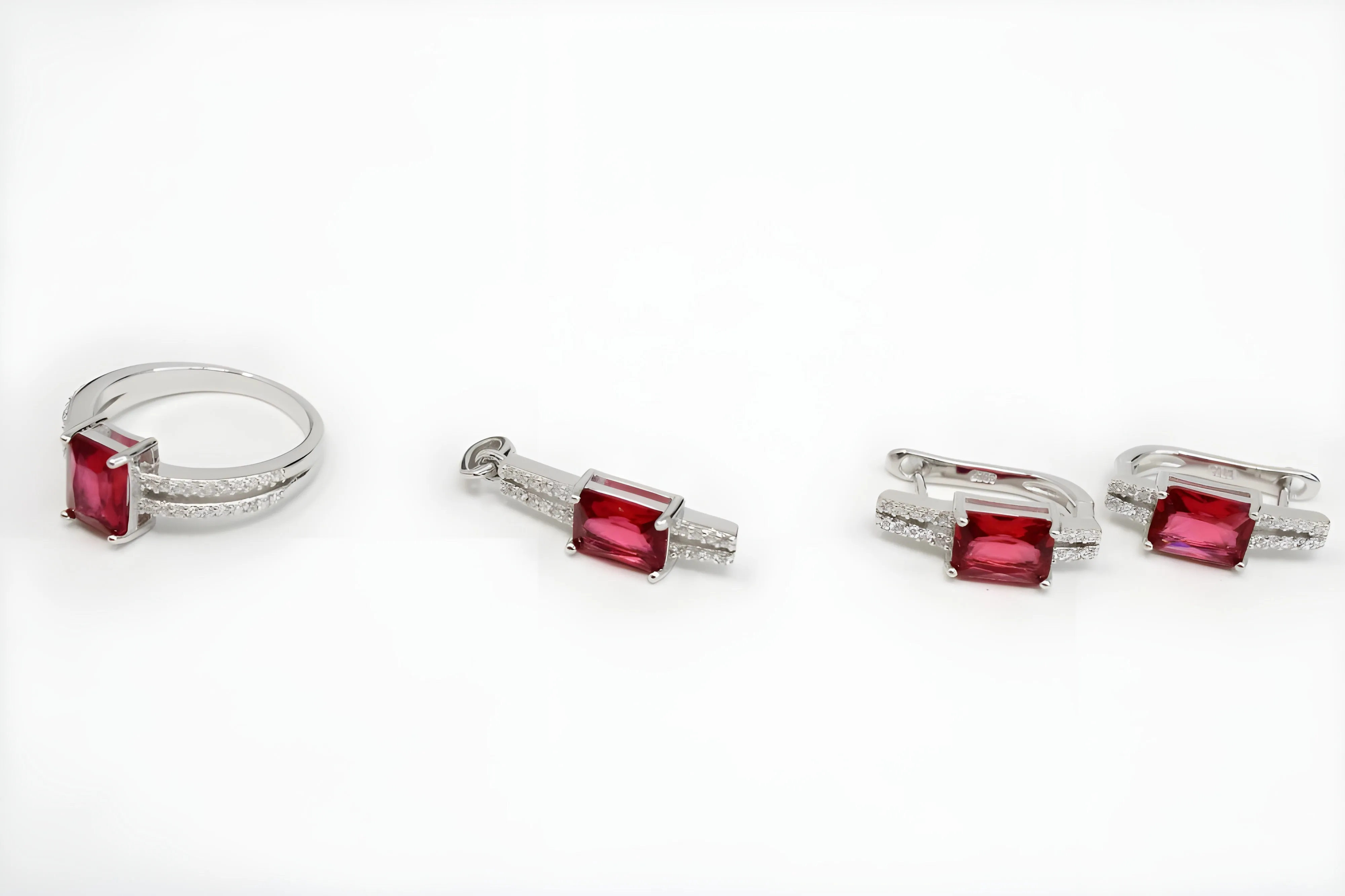 Ruby Radiance Diamond Jewelry Set - Sterling Silver Ring, Pendant & Drop Earrings with Rectangular-Cut Rubies and White Diamond Accents