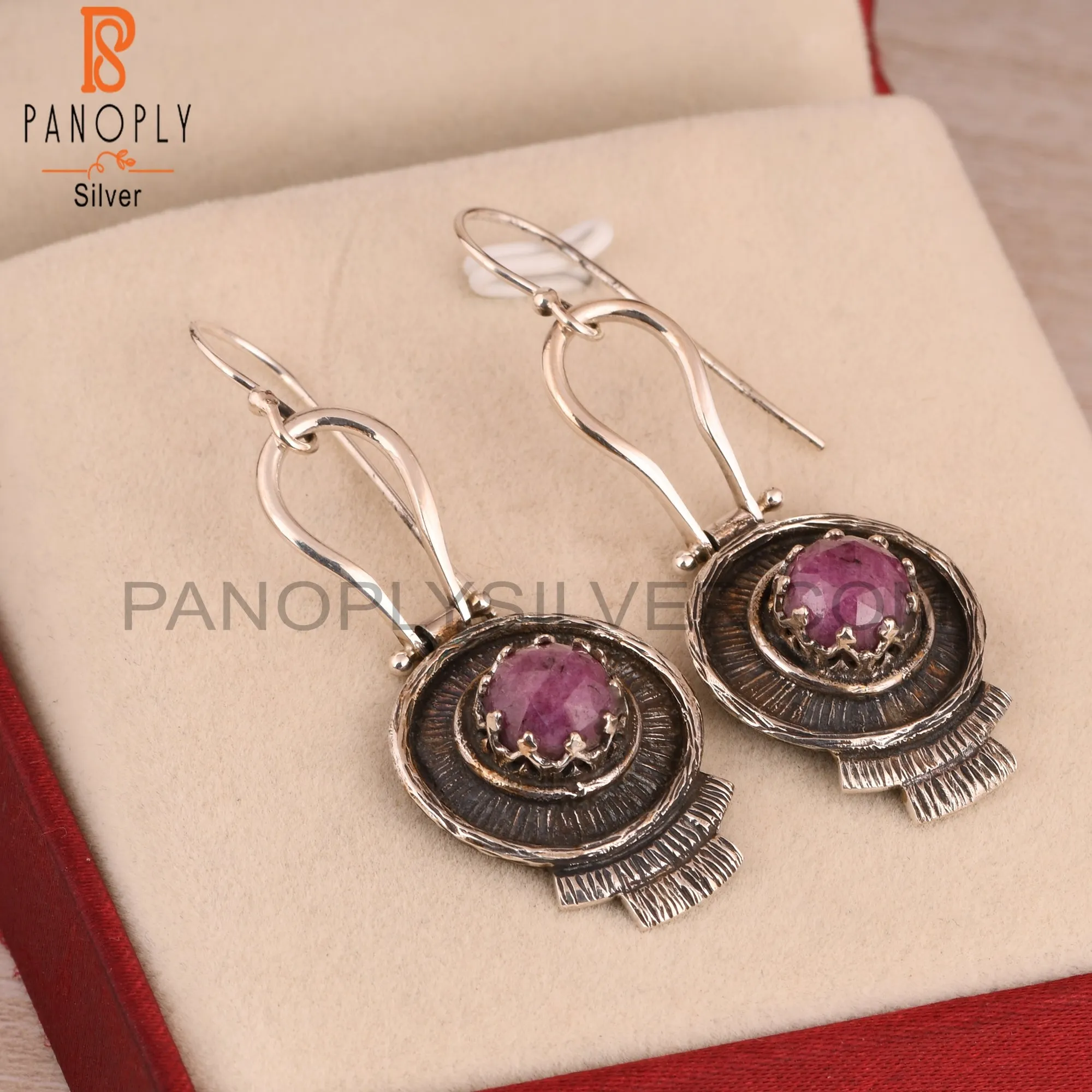 Ruby Round Shape 925 Sterling Silver Boho Earrings