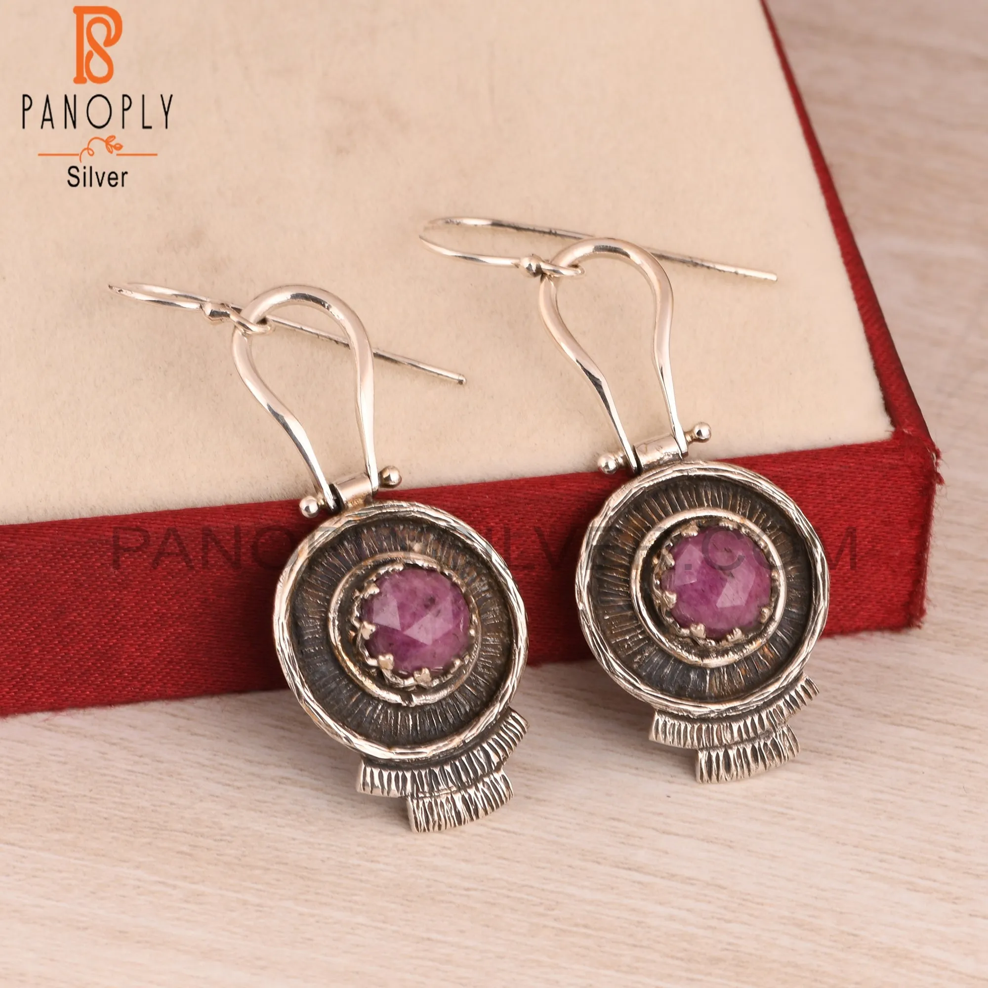 Ruby Round Shape 925 Sterling Silver Boho Earrings
