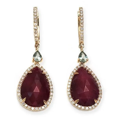 Ruby Slice & Pear AquamarinDangling Earrings with Diamonds in 14k Rose Gold