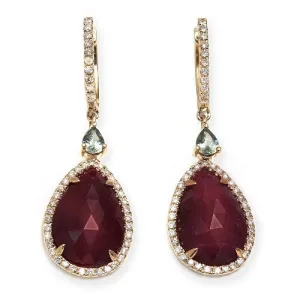 Ruby Slice & Pear AquamarinDangling Earrings with Diamonds in 14k Rose Gold