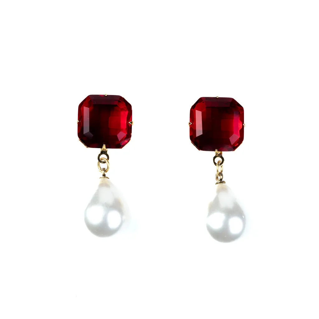 Ruby Stone Pearl Drop Pierced Earrings