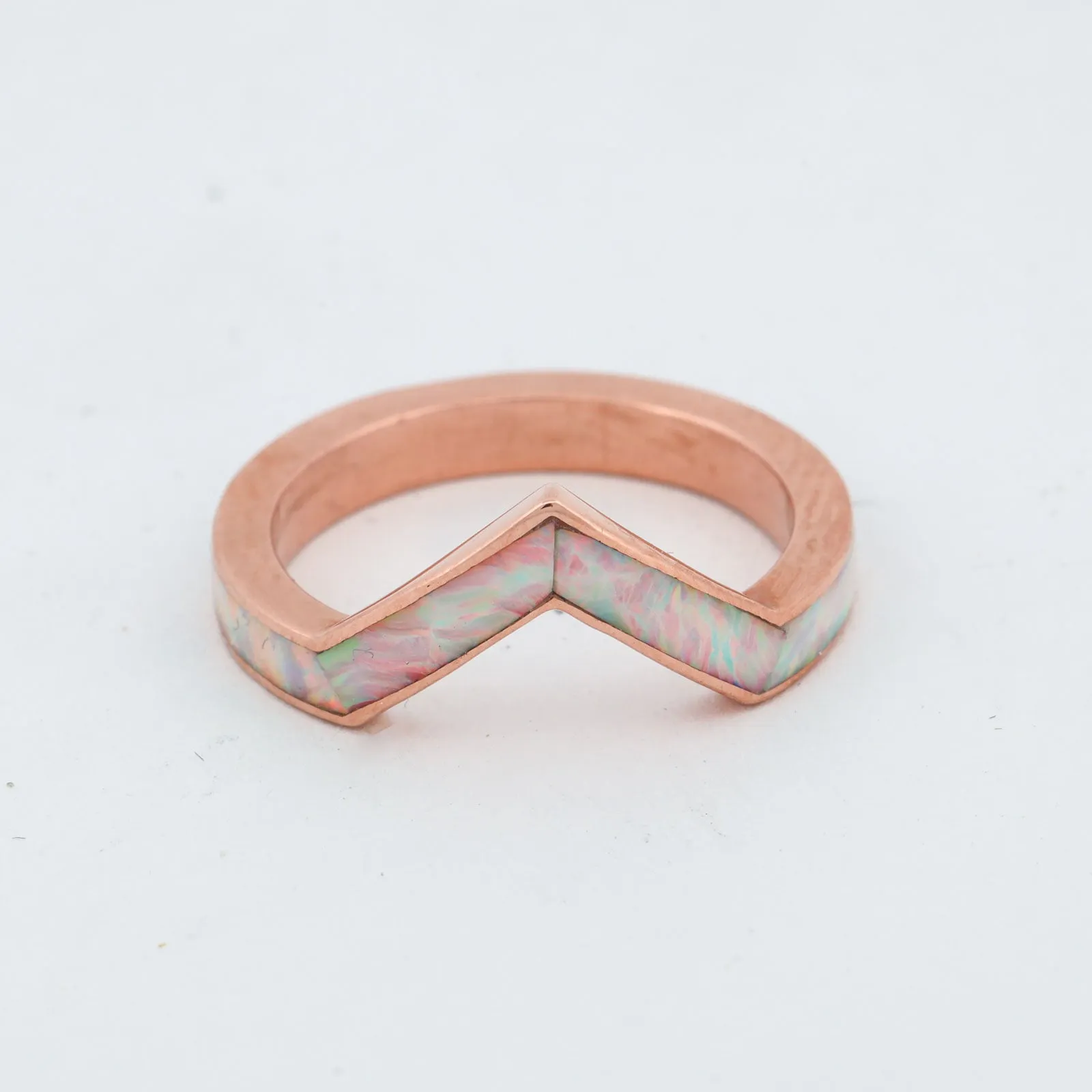 SALE RING - Rose Gold V-Ring & White Opal Inlay - Size 6.25