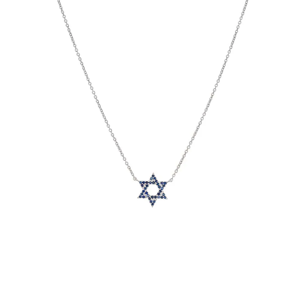 Sapphire Blue Star Of David Necklace 14K