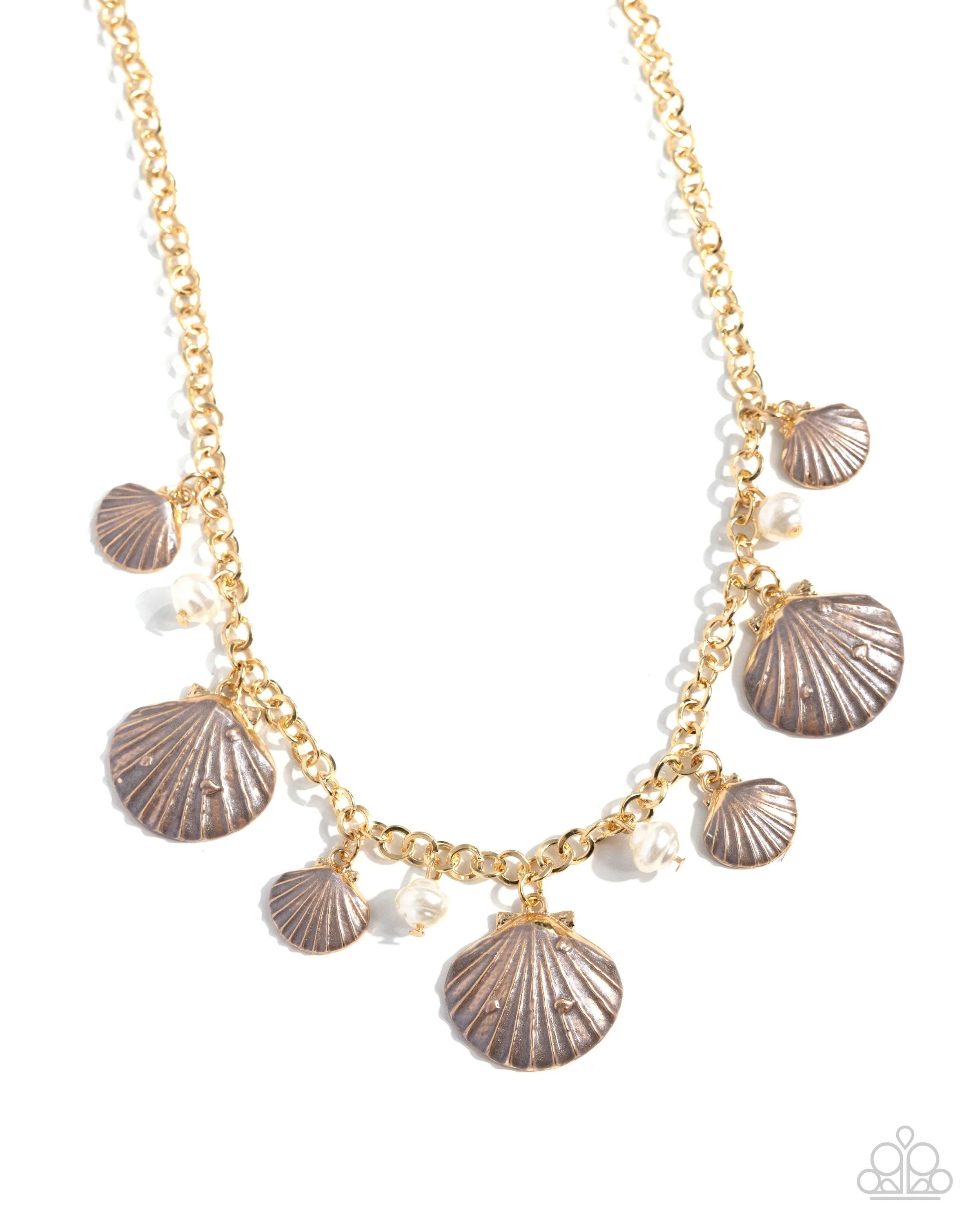 Seashell Sophistication - Brown - Painted Gold Seashell White Pearl Paparazzi Short Necklace