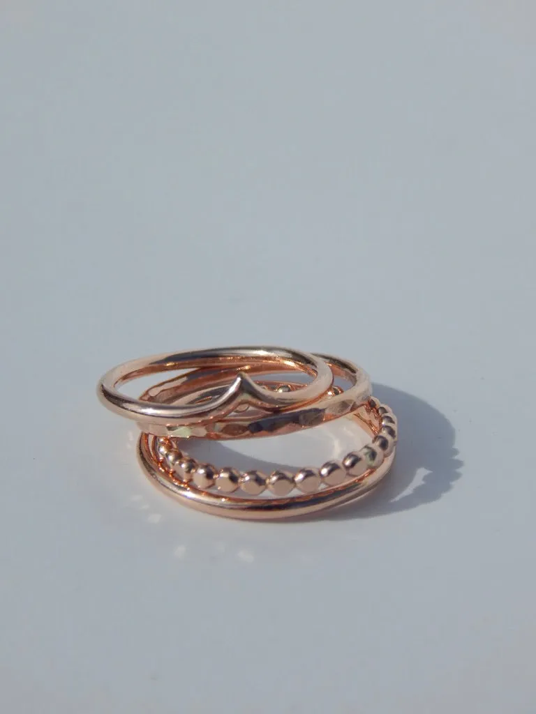 Set of Four 14k Rose Gold Fill Stacking Rings - Chevron, Medallion, Hammered, and Classic