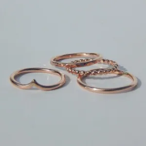 Set of Four 14k Rose Gold Fill Stacking Rings - Chevron, Medallion, Hammered, and Classic