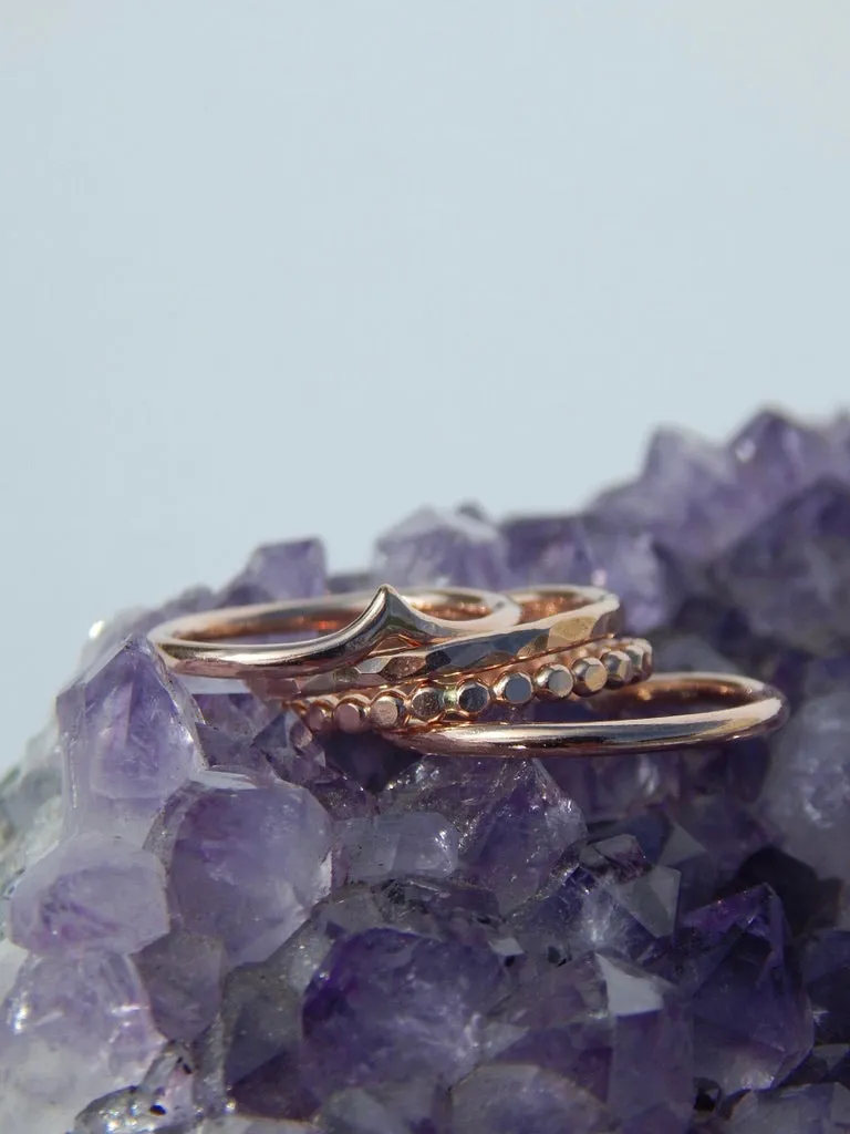 Set of Four 14k Rose Gold Fill Stacking Rings - Chevron, Medallion, Hammered, and Classic