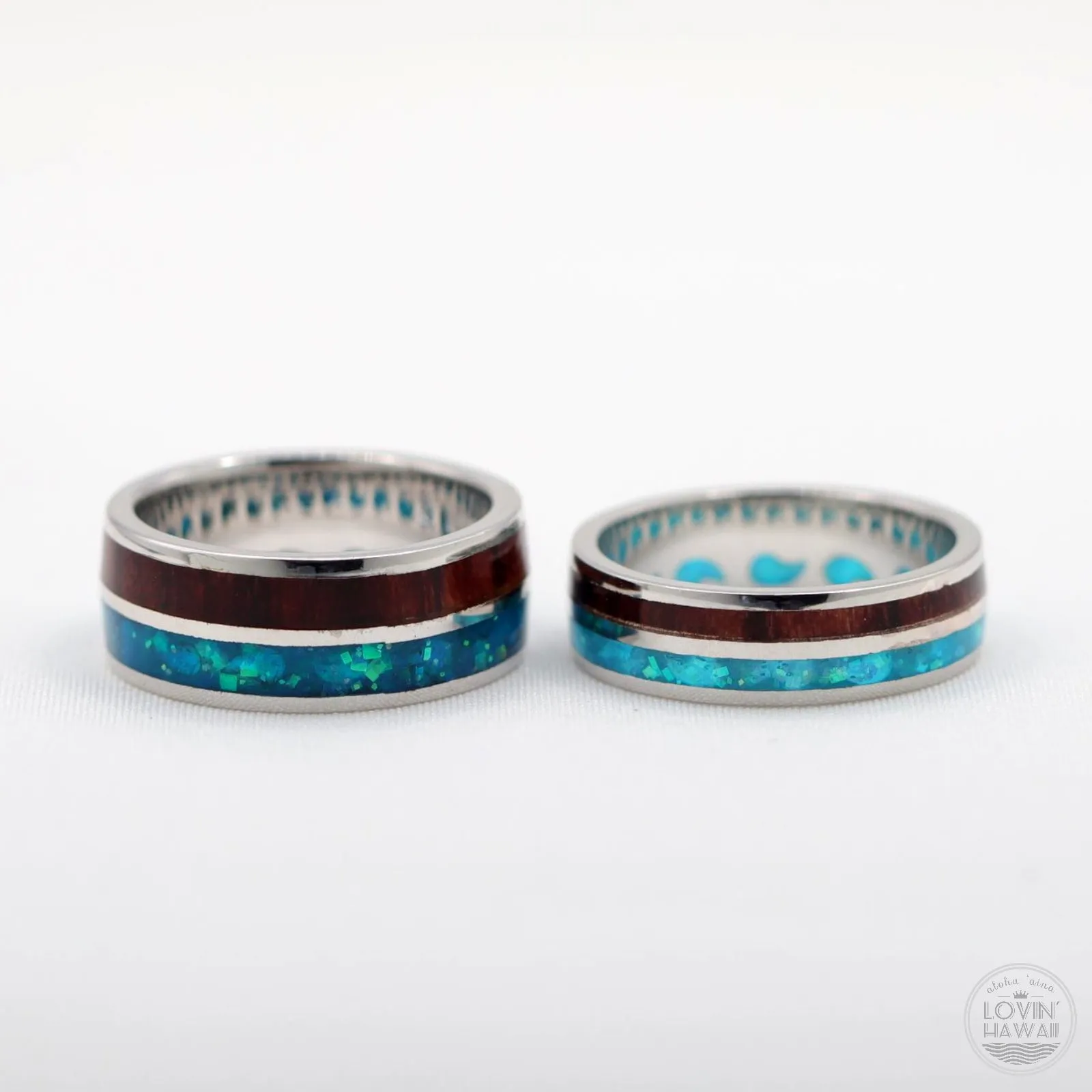 Silver Hawaiian Wedding Bands With Wood And Opal Inlay (6mm or 8mm Width)