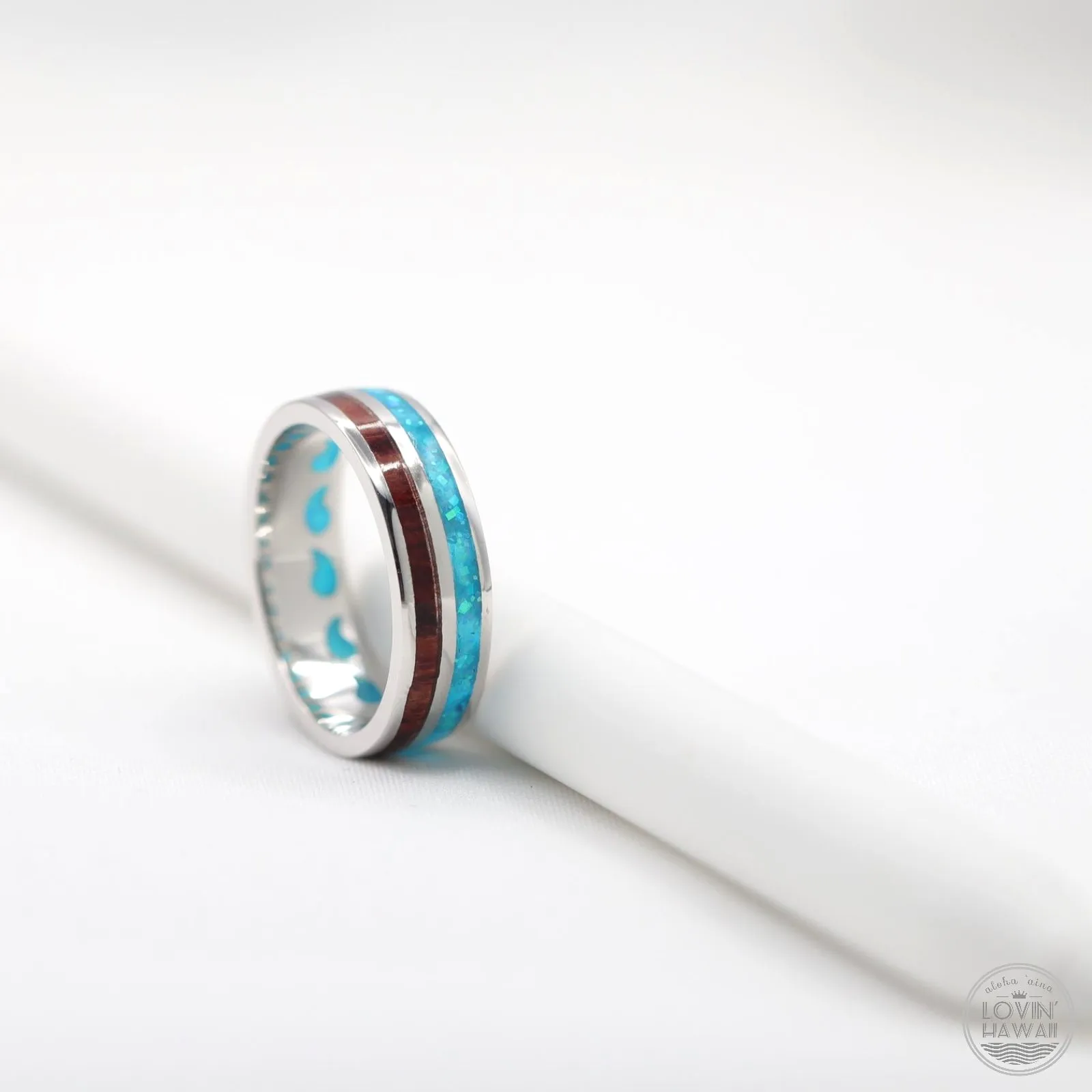 Silver Hawaiian Wedding Bands With Wood And Opal Inlay (6mm or 8mm Width)