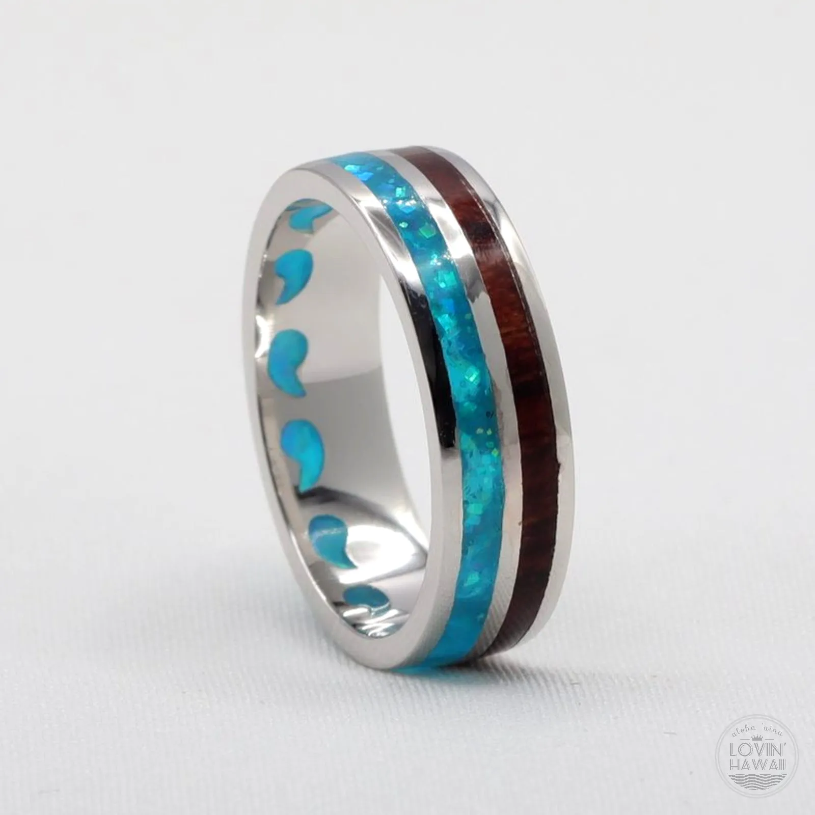 Silver Hawaiian Wedding Bands With Wood And Opal Inlay (6mm or 8mm Width)