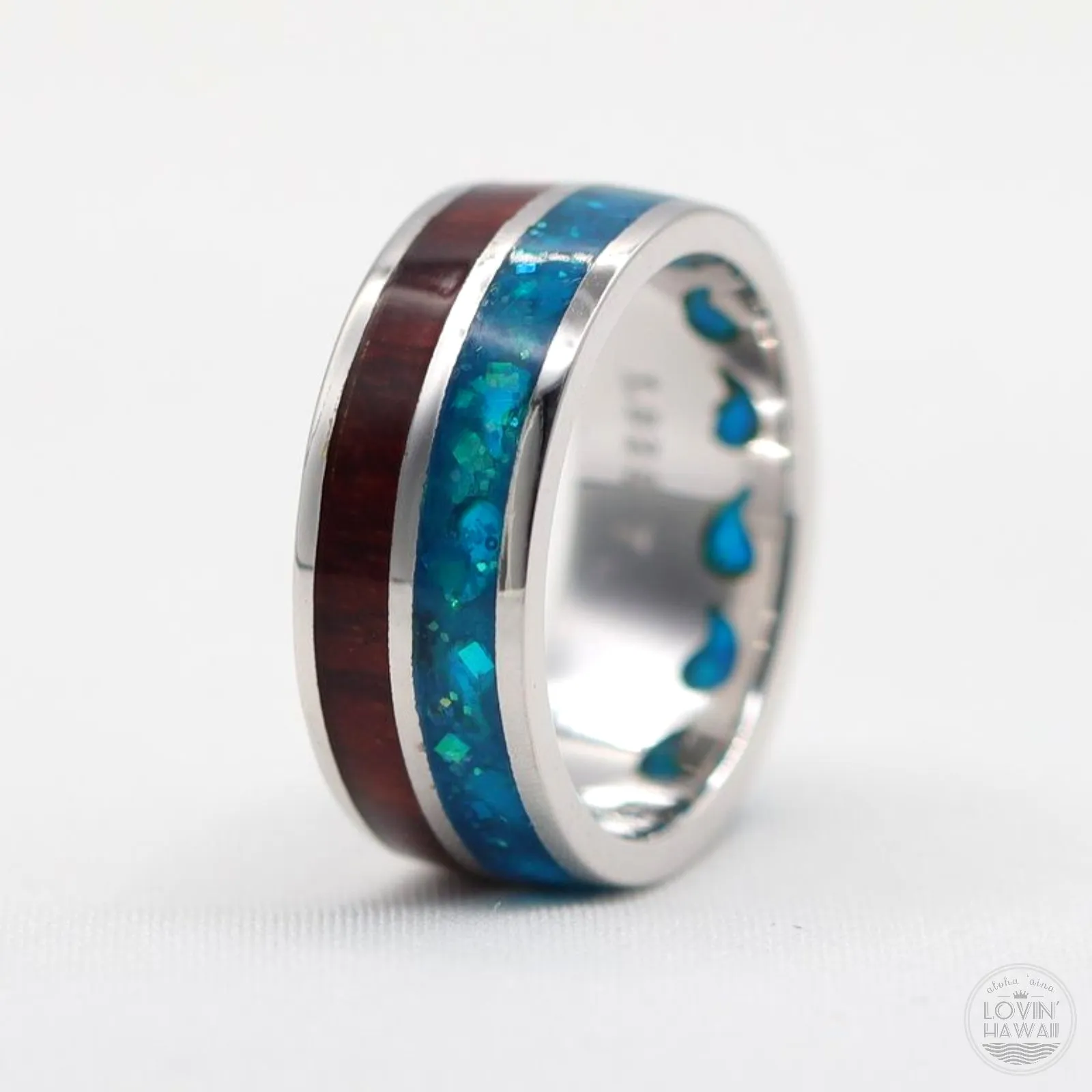 Silver Hawaiian Wedding Bands With Wood And Opal Inlay (6mm or 8mm Width)