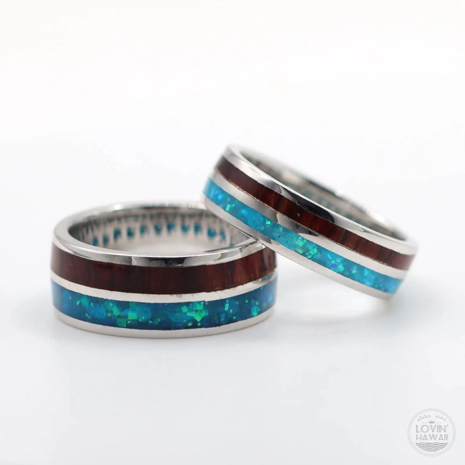 Silver Hawaiian Wedding Bands With Wood And Opal Inlay (6mm or 8mm Width)