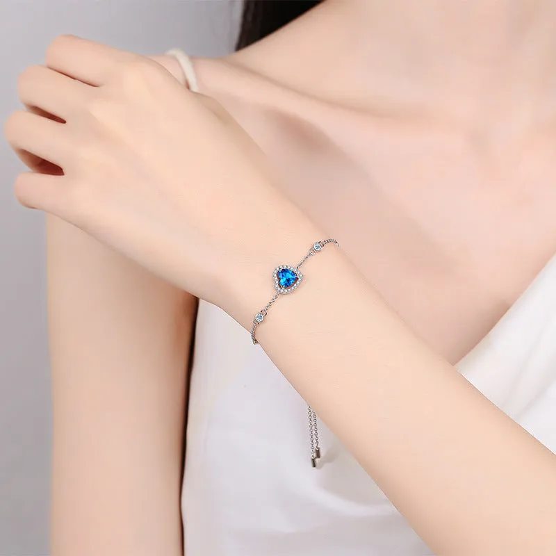 Silver Heart Bracelet, Blue Silver Heart Moissanite Bracelet-BM015