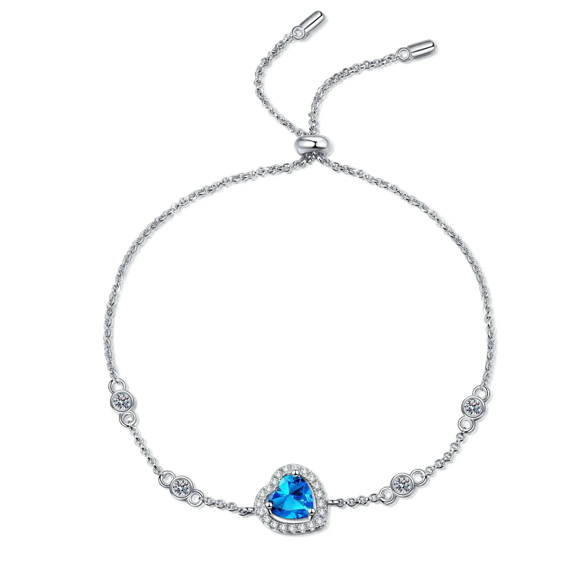 Silver Heart Bracelet, Blue Silver Heart Moissanite Bracelet-BM015