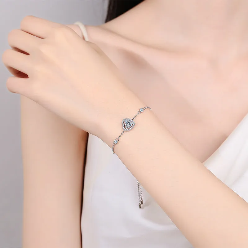 Silver Heart Bracelet, Blue Silver Heart Moissanite Bracelet-BM015