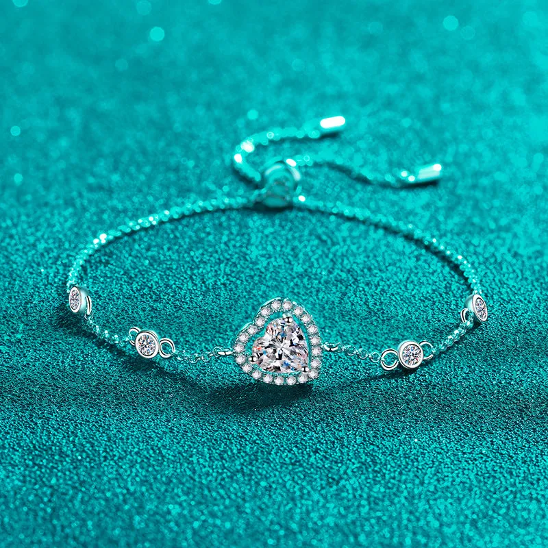 Silver Heart Bracelet, Blue Silver Heart Moissanite Bracelet-BM015