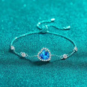 Silver Heart Bracelet, Blue Silver Heart Moissanite Bracelet-BM015